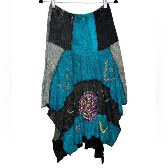 Handmade Fairycore Hippy Patchwork Knit Peace Sign Midi Skirt Cotton Size Large - Picture 1 of 13
